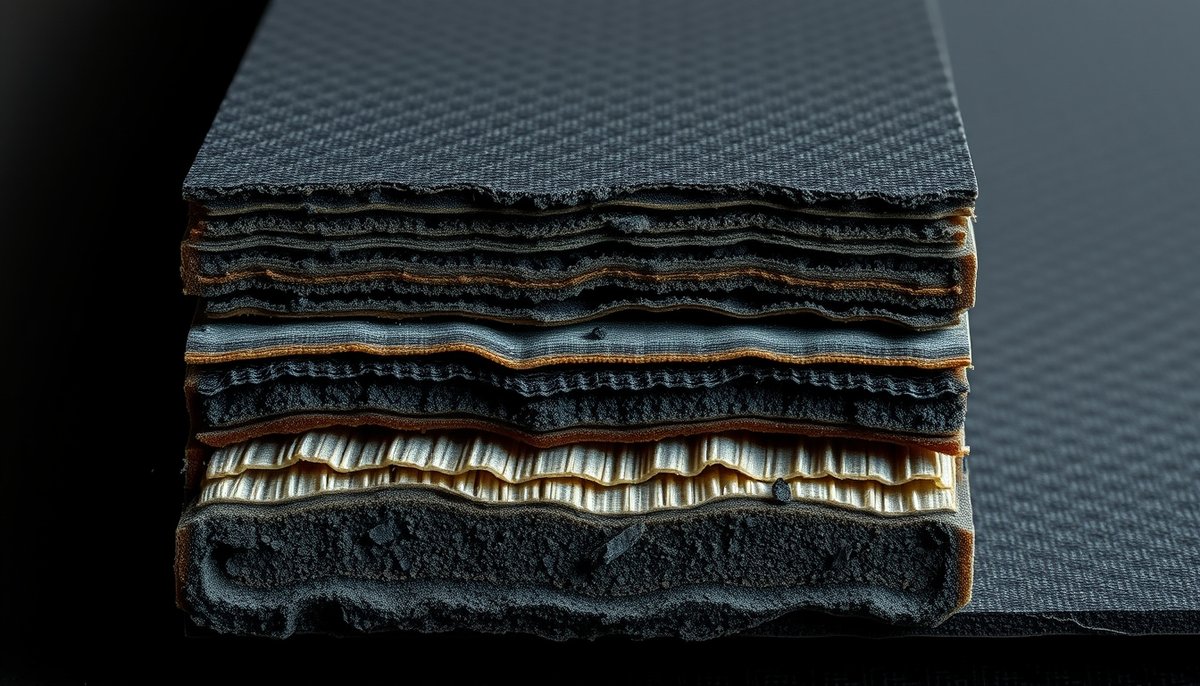 Corte transversal placa carbono-carbono mostrando estructura interna de fibras y matriz