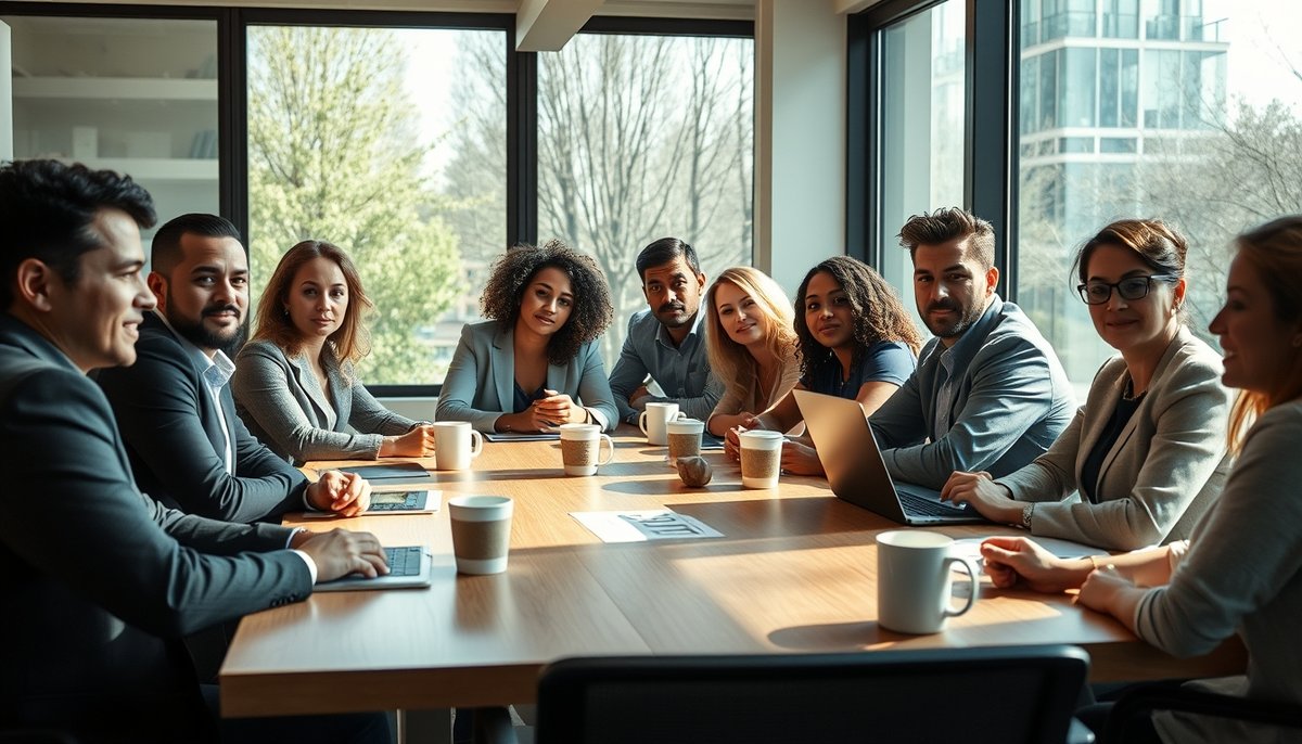 Emprendedores presentando startup a inversores en sala de reuniones moderna