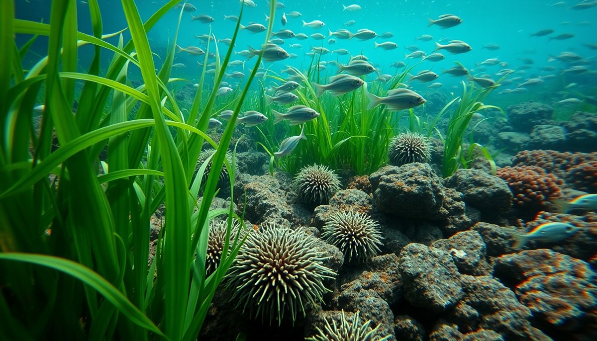 Escena submarina de la reserva marina de Tabarca con sargos, doradas y praderas de posidonia oceanica Fondo marino reserva Tabarca sargos doradas posidonia biodiversidad ecosistema