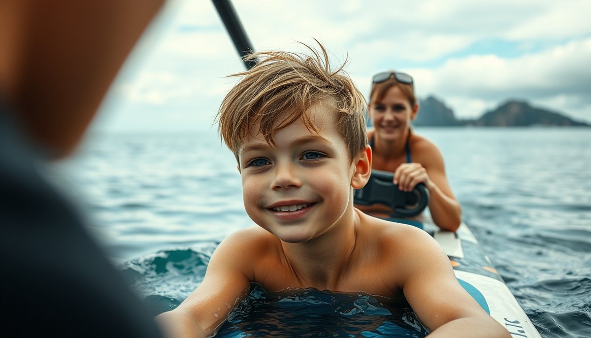 Adolescente aprendiendo paddle surf en aguas tranquilas de Tabarca con instructor