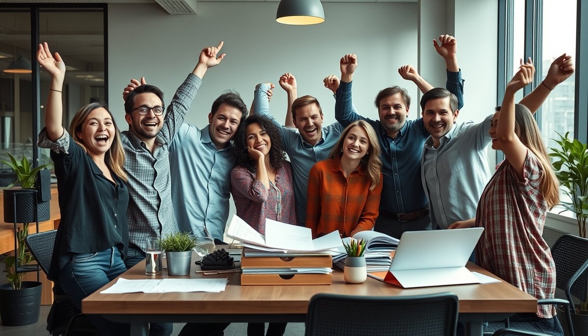 Equipo de startup celebrando éxito con contratos de inversión y cap table completados