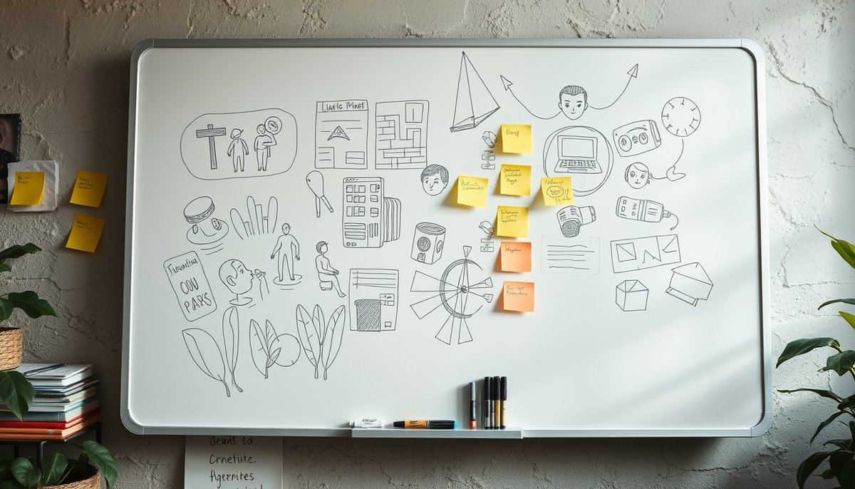 Diagrama de teoría del cambio en pizarra con post-its y marcadores
