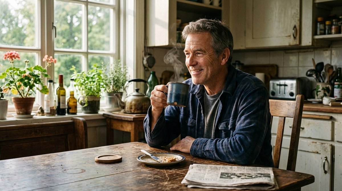Padre usando regalo personalizado: momento auténtico tomando café en taza con mensaje personalizado durante desayuno familiar Papá disfrutando café matutino en taza personalizada en cocina