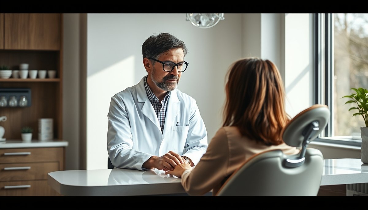 Dentista explicando tratamiento a paciente en consulta moderna