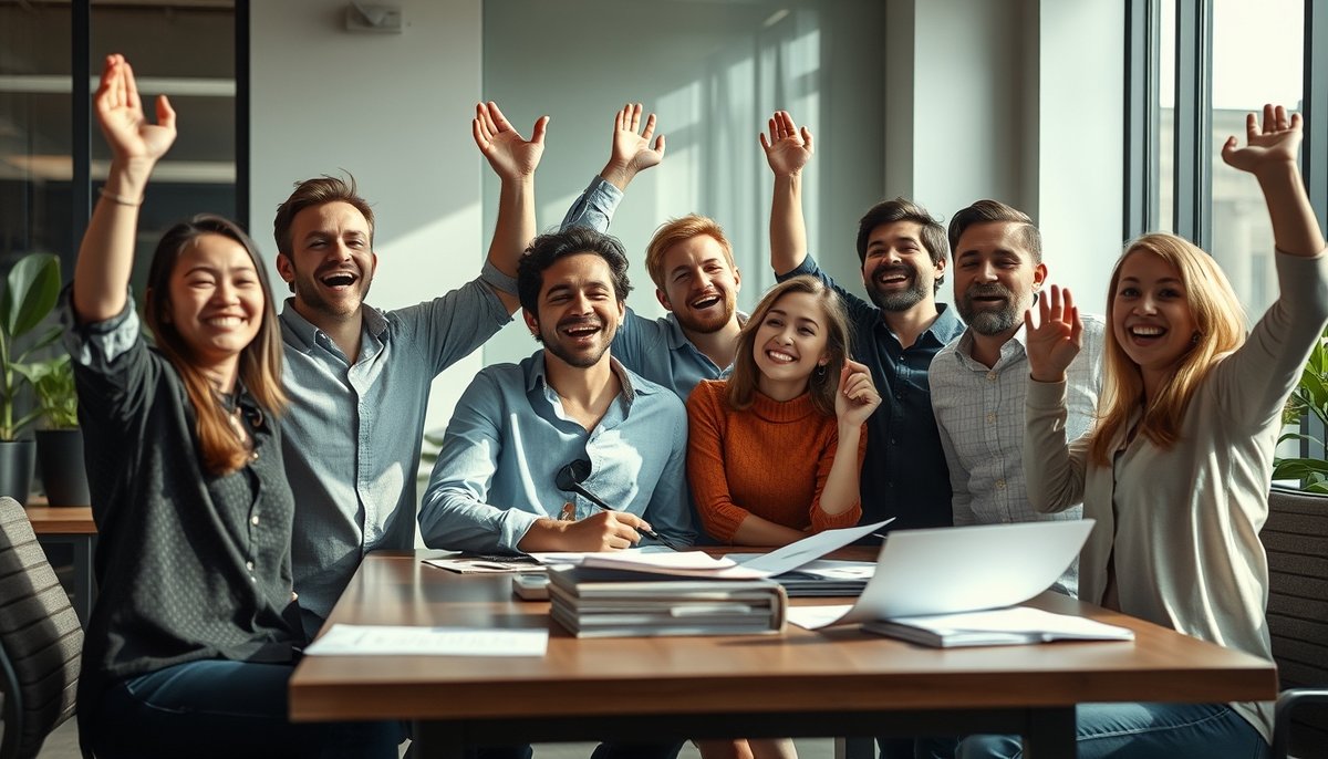 Equipo startup celebrando cierre exitoso de ronda de financiación en oficina moderna