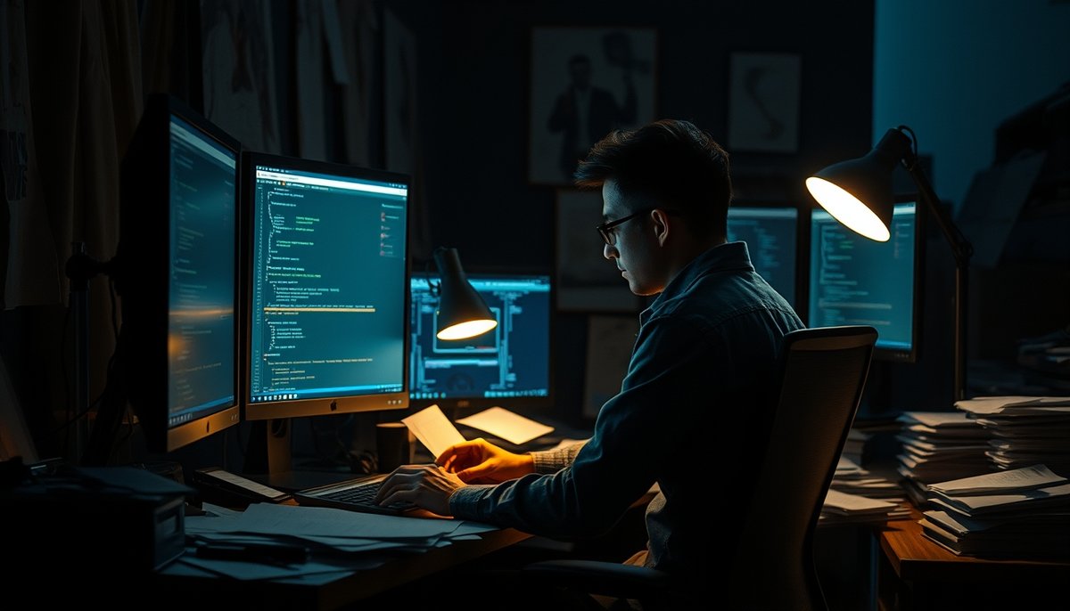 Fundador trabajando tarde preparando informes financieros y análisis de mercado