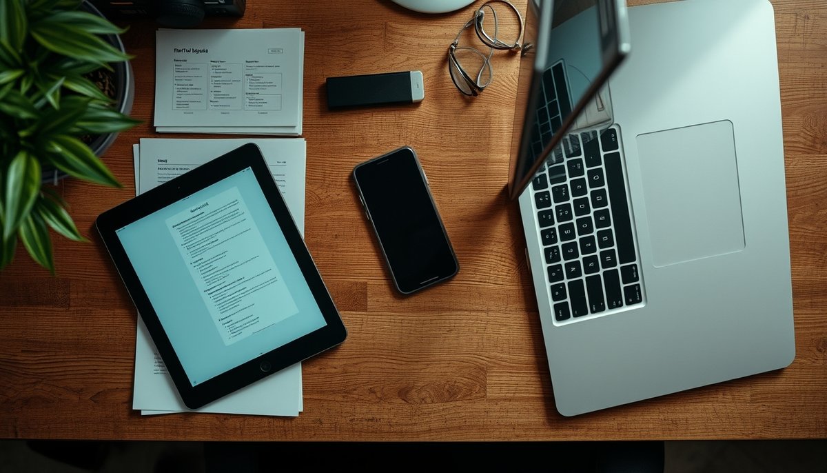 Vista cenital de dispositivos múltiples mostrando plataformas de generadores de logos IA