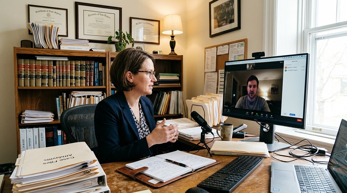 Consulta legal de extranjería por videoconferencia: asesoramiento profesional remoto superando barreras geográficas Abogado realizando videoconsulta de extranjería con cliente inmigrante desde casa