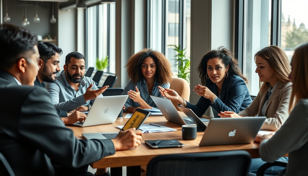 Equipo emprendedor diverso colaborando en coworking moderno