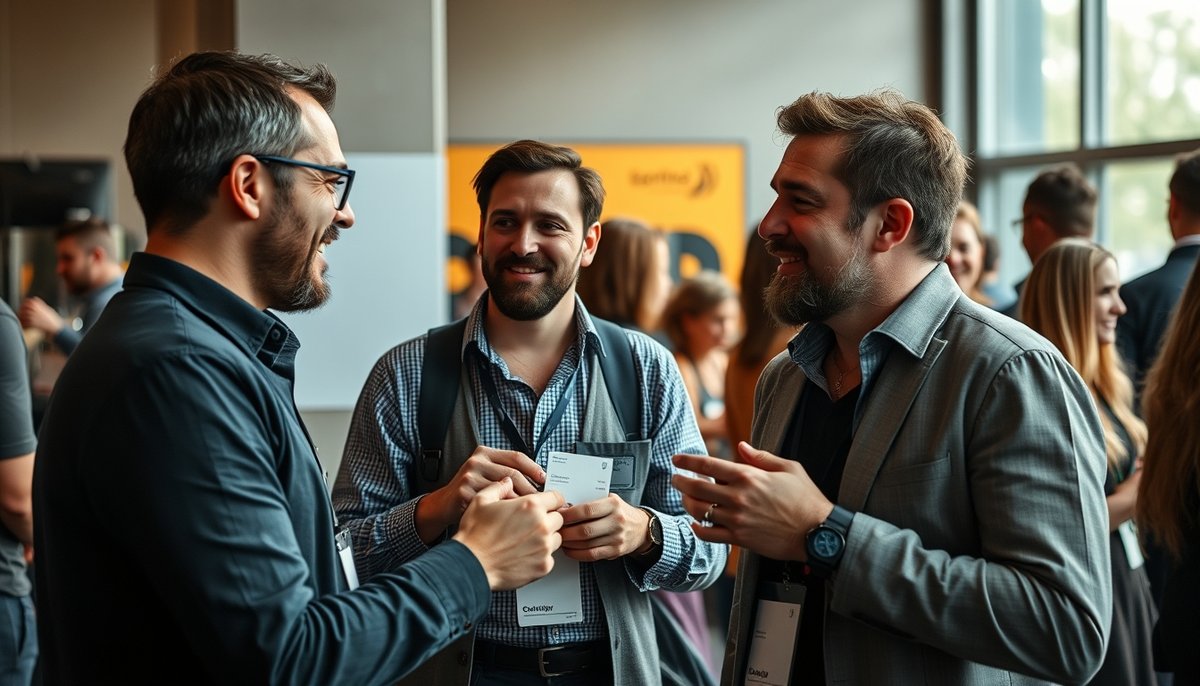 Emprendedores networking en evento startup intercambiando contactos para financiación empresarial