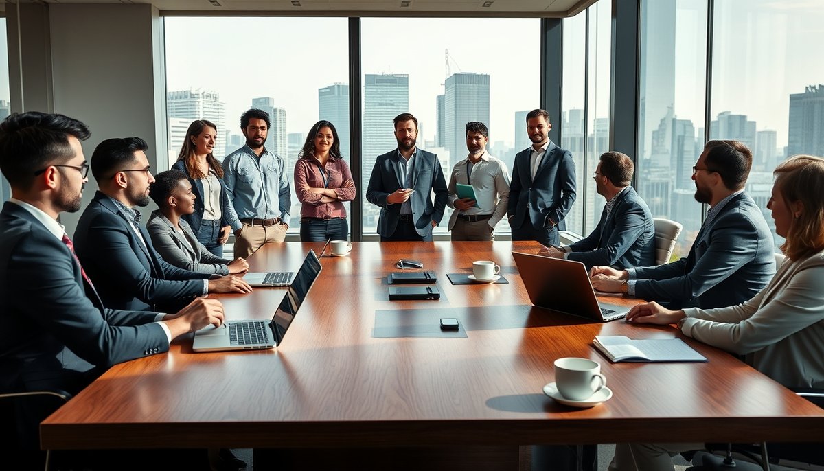 Reunión CVC con emprendedores presentando a inversores corporativos en sala de juntas moderna