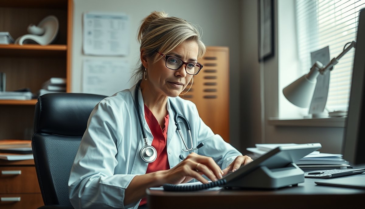 Trabajador sanitario o social en entorno profesional donde la privacidad telefónica está justificada por motivos laborales Profesional sanitario en consulta con teléfono, uso justificado de número oculto