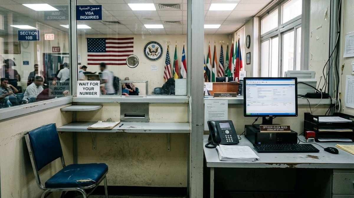 Interior de sección consular de embajada estadounidense mostrando cabina de entrevista para visado turista con bandera americana Cabina de entrevista consular en embajada de Estados Unidos para solicitud de visa B1/B2