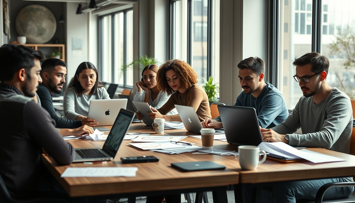 Emprendedores trabajando en oficina moderna de startup en España con planes de negocio