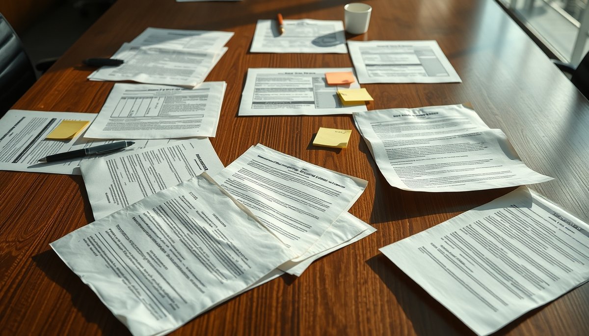 Documento de plan financiero estructurado sobre mesa de conferencias con secciones organizadas visibles