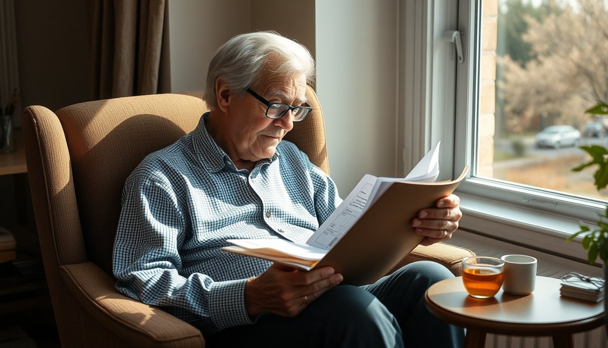 Inversor senior revisando pacientemente carpeta con inversiones crowdequity de varios años