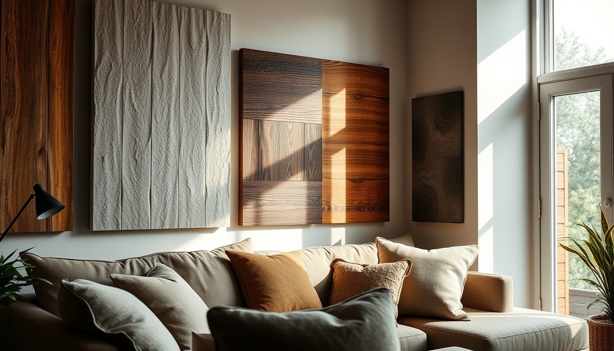 Salón acogedor con paneles decorativos 3D y madera en ambientes secos