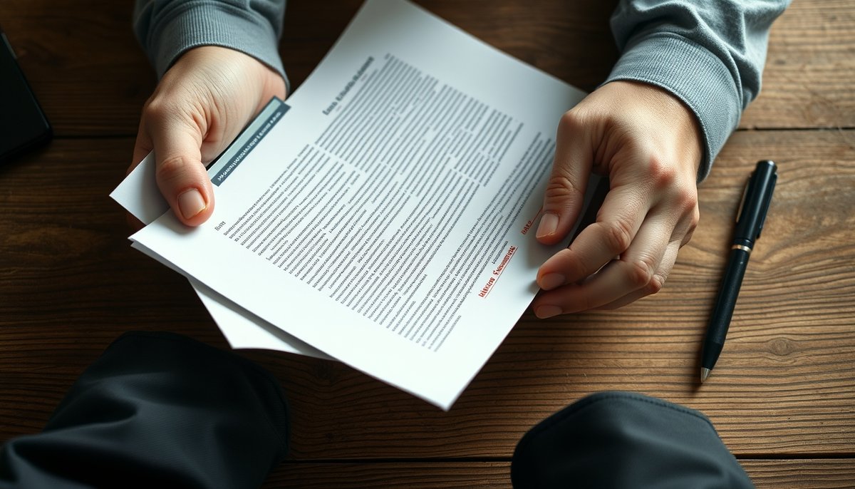 Close-up de Term Sheet mostrando cláusulas de inversión detalladas, documento clave en negociaciones de financiación startup Documento Term Sheet con cláusulas detalladas sobre mesa de madera con bolígrafo