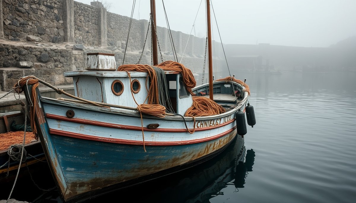 Embarcación pesquera auténtica amarrada en el puerto de Tabarca con equipos de pesca y las murallas históricas de fondo Barco pesquero tradicional en el puerto de Tabarca al amanecer con redes de pesca