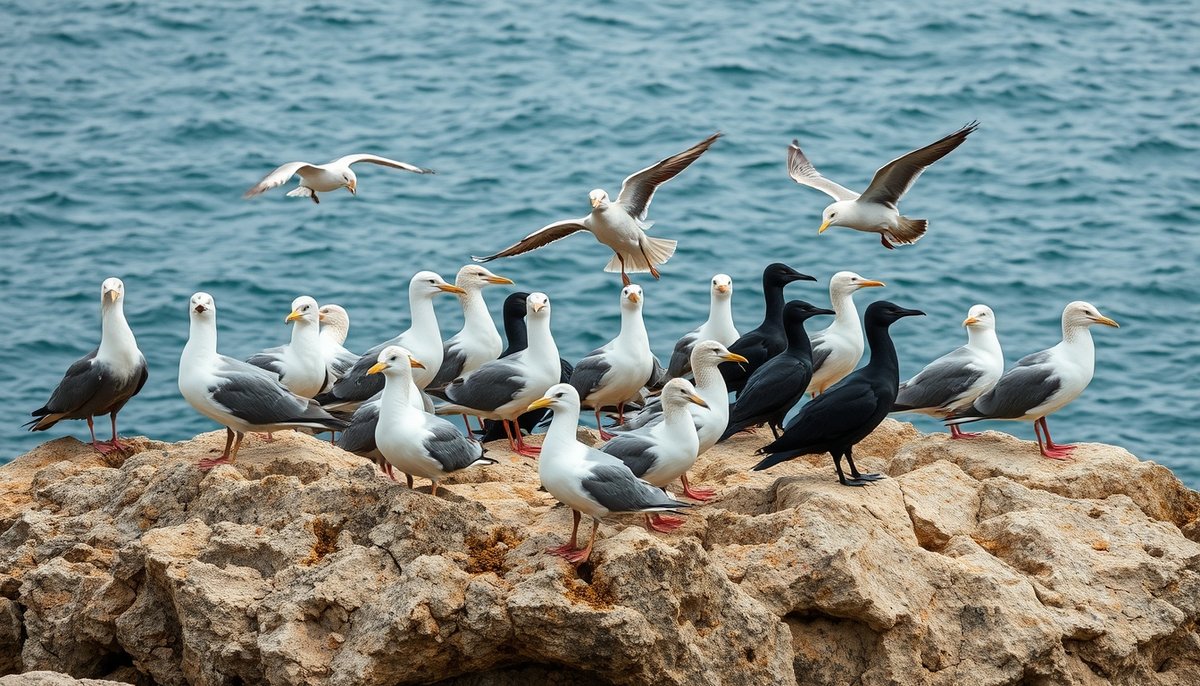 Gaviotas y cormoranes en rocas costeras de Tabarca, aves invernantes en reserva marina