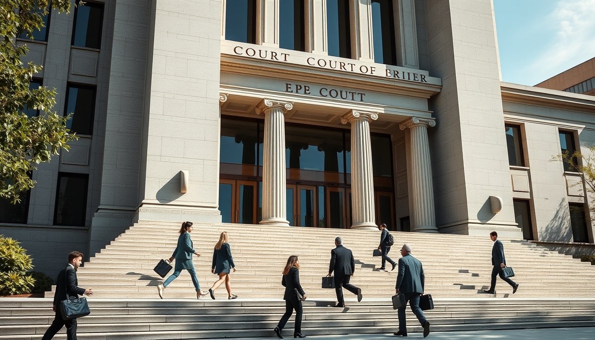 Tribunal comercial español donde se tramitan procesos concursales con profesionales legales accediendo al edificio Fachada exterior de juzgado mercantil español con empresarios subiendo escaleras con maletines