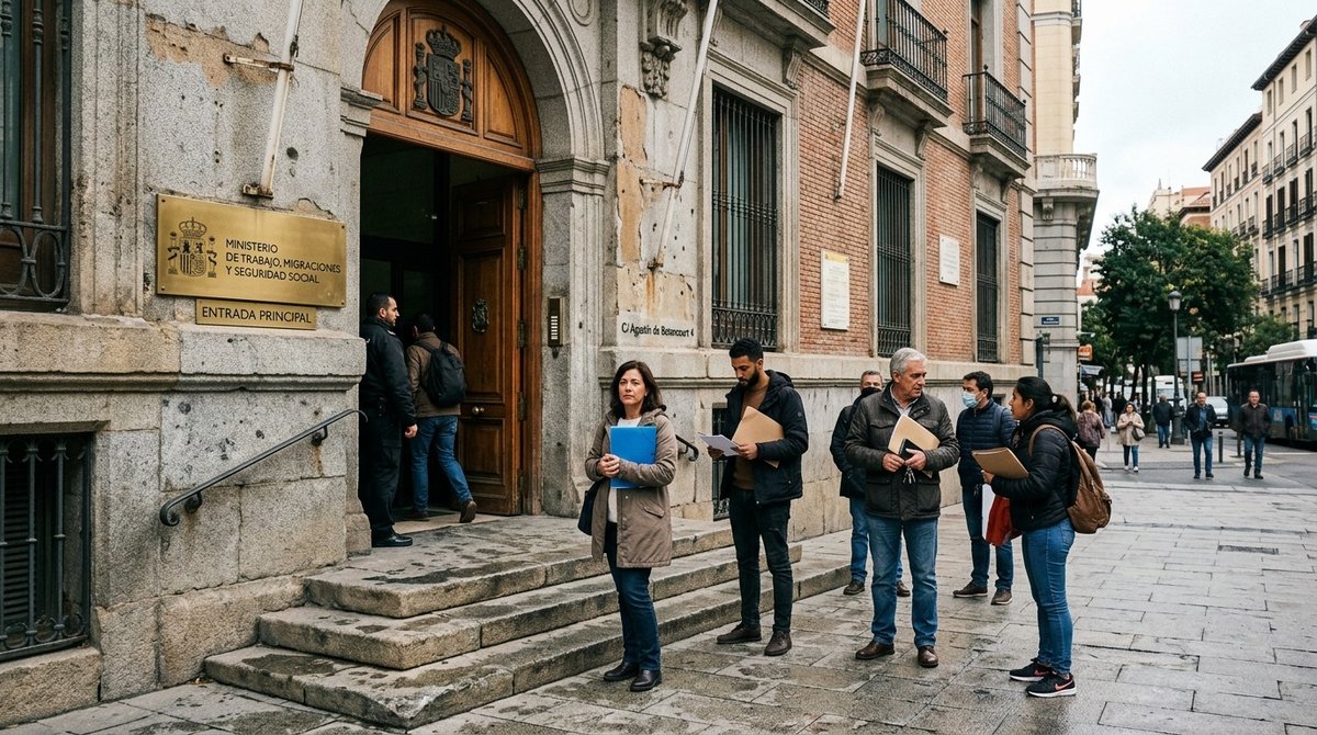 Entrada principal de oficina de inmigración en España donde ciudadanos extranjeros realizan trámites de residencia y permisos Oficina de inmigración española con personas esperando trámites de extranjería