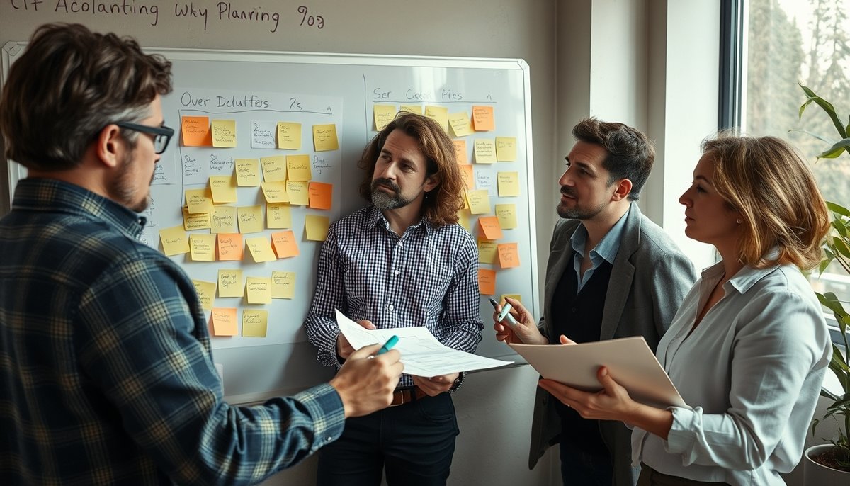 Equipo diseñando flujos de conversación para chatbot en pizarra colaborativa